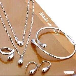 Stainless Steel teardrop silver 4 piece set - bracelet necklace earrings & ring
